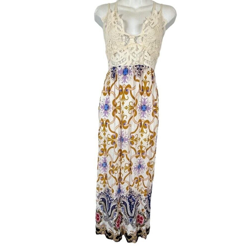 Umgee USA Boho Lace Bodice Maxi Floral Sleeveless V-Neck Lightweight Dress L